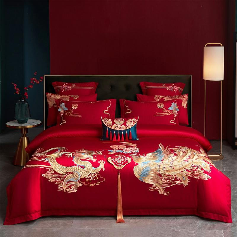 60-teiliges reines Baumwolle neues chinesisches Hochzeitsstickerei Bettwäsche-Set in Rot für die Hochzeitsnacht und das Brautpaar Schlafzimmer.  |  Hochzeitsbettwäsche Hochzeitsbettwäsche Hochzeitsbettwäsche