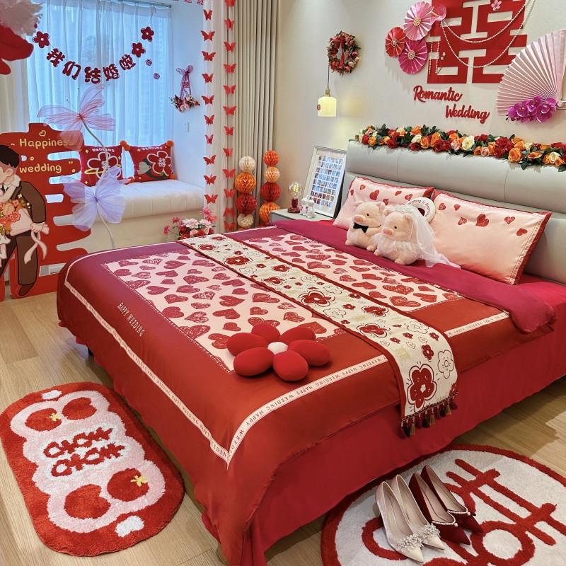 Hochwertiges chinesisches Hochzeitsbett-Set in Rot, 4-teilig, aus reiner Baumwolle, für Hochzeitsfeiern und Brautgeschenke.  |  Hochzeitsbettwäsche Hochzeitsbettwäsche Hochzeitsbettwäsche