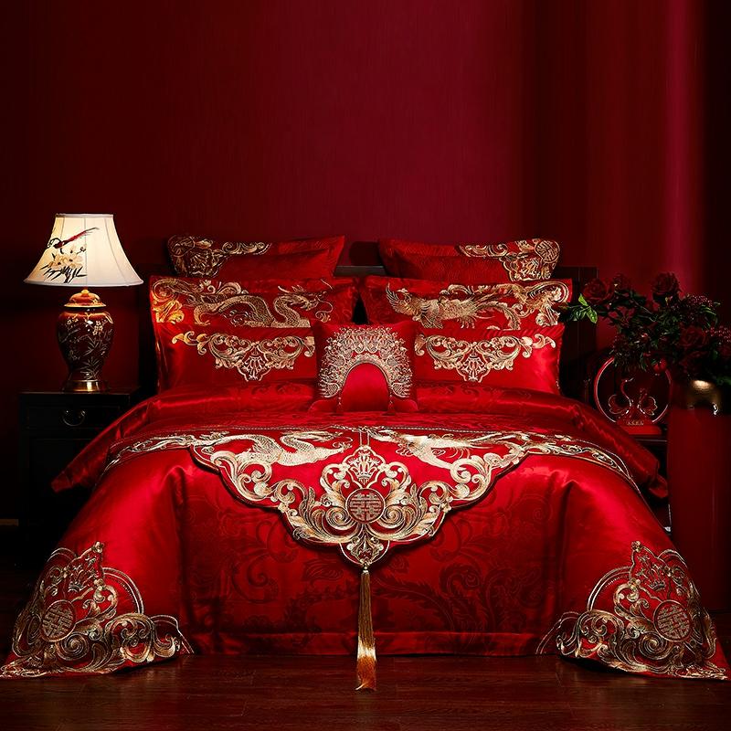 Hochwertiges Hochzeitsbettwäsche-Set in leuchtendem Rot, aus 100% Baumwolle, mit Jacquard-Muster von Drache und Phönix, für das chinesische Hochzeitszimmer, Bettlaken und Bettbezüge, leicht luxuriös.  |  Hochzeitsbettwäsche Hochzeitsbettwäsche Hochzeitsbettwäsche