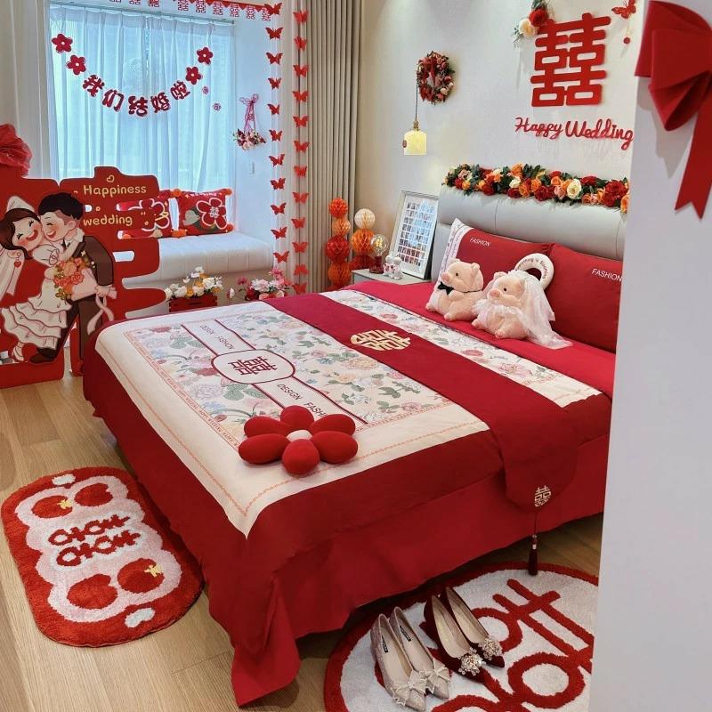 Minimalistischer chinesischer Hochzeitsschriftzug Bettwäsche-Set in leuchtendem Rot, 100% Baumwolle, Bettlaken und Hochzeitsbettwäsche für das Schlafzimmer.  |  Hochzeitsbettwäsche Hochzeitsbettwäsche Hochzeitsbettwäsche